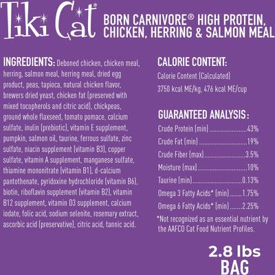 Show full view: Tiki Cat Born Carnivore High Protein Chicken, Herring & Salmon Meal Dry Cat Food, 2.8-lb bag slide 3 of 11