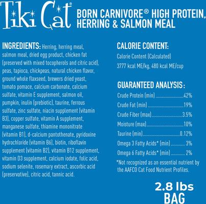 Show full view: Tiki Cat Born Carnivore High Protein Herring & Salmon Meal Dry Cat Food, 2.8-lb bag slide 3 of 11
