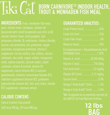 Show full view: Tiki Cat Born Carnivore Indoor Health Trout & Menhaden Fish Meal Dry Cat Food, 12-lb bag slide 3 of 11