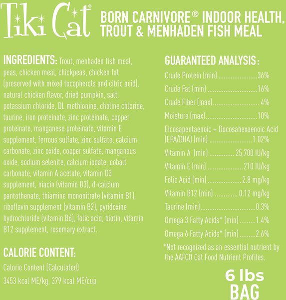 Tiki Cat Born Carnivore Indoor Health Trout & Menhaden Fish Meal Dry Cat Food