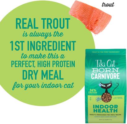 Show full view: Tiki Cat Born Carnivore Indoor Health Trout & Menhaden Fish Meal Dry Cat Food, 6-lb bag slide 5 of 11