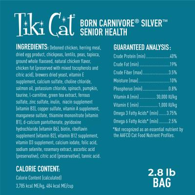 Show full view: Tiki Cat Born Carnivore Silver Senior Health Chicken Grain-Free Dry Cat Food, 2.8-lb bag slide 3 of 11