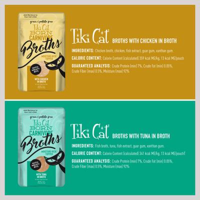 Show full view: Tiki Cat Born Carnviore Broths Variety Pack Grain-Free Wet Cat Food Topper, 1.3-oz pouch, case of 24 slide 3 of 10