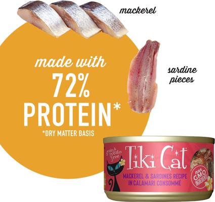 Show full view: Tiki Cat Grill Mackerel & Sardine in Calamari Consomme Grain-Free Canned Cat Food, 2.8-oz can, case of 12 slide 5 of 12