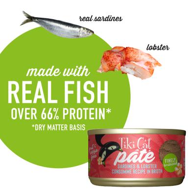 Show full view: Tiki Cat Grill Sardines & Lobster Consomme Recipe in Broth Grain-Free Pate Wet Cat Food, 2.8-oz can, case of 12 slide 6 of 11