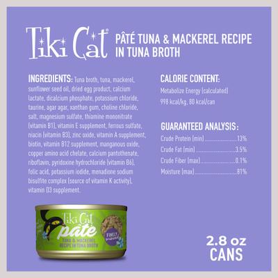 Show full view: Tiki Cat Luau Ahi Tuna & Mackerel Pate Wet Cat Food, 2.8-oz can, case of 12 slide 4 of 11