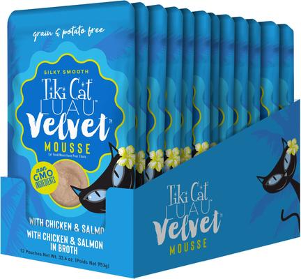 Show full view: Tiki Cat Luau Velvet Mousse Chicken & Salmon Grain-Free Wet Cat Food, 2.8-oz pouch, case of 12 slide 4 of 11