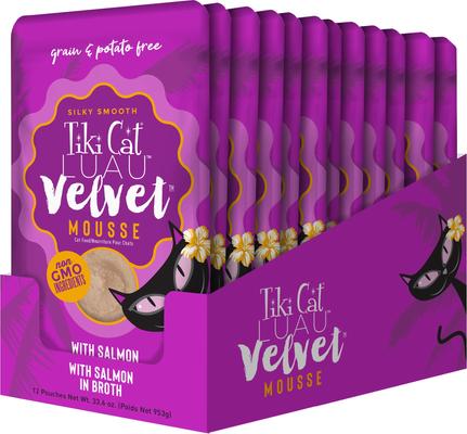 Show full view: Tiki Cat Luau Velvet Mousse Salmon Grain-Free Wet Cat Food, 2.8-oz pouch, case of 12 slide 4 of 11