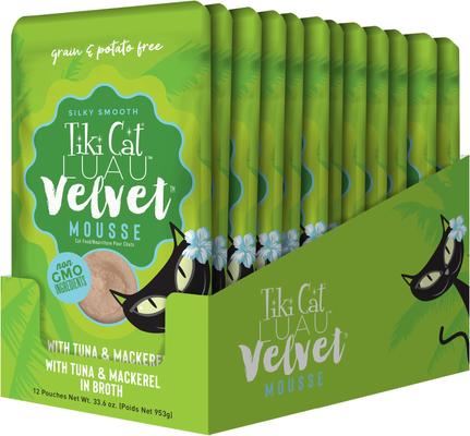 Show full view: Tiki Cat Luau Velvet Mousse Tuna & Mackerel Grain-Free Wet Cat Food, 2.8-oz pouch, case of 12 slide 4 of 11