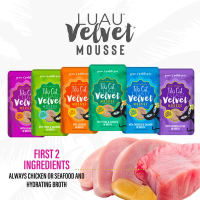 Show full view: Tiki Cat Luau Velvet Mousse Variety Pack Grain-Free Wet Cat Food, 2.8-oz pouch, case of 12 slide 4 of 11