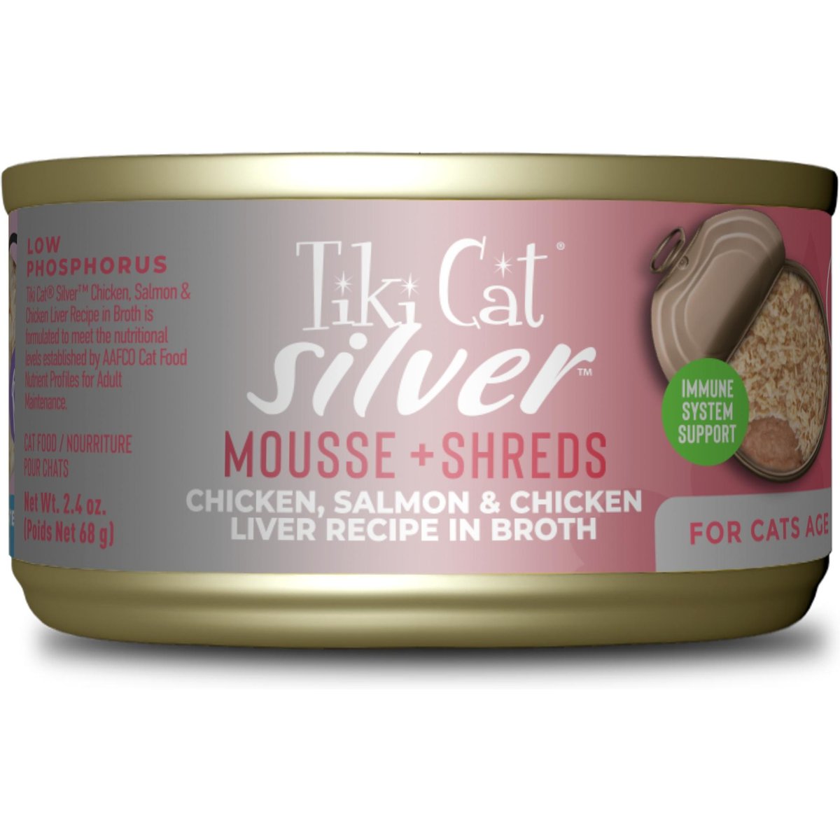 Tiki Cat Silver Chicken, Salmon & Chicken Liver Mousse & Shreds Grain-Free Wet Cat Food, 2.4-oz can, case of 12