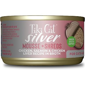 Tiki Cat Silver Chicken, Salmon & Chicken Liver Mousse & Shreds Grain-Free Wet Cat Food, 2.4-oz can, case of 12