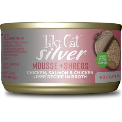 Tiki Cat Tiki Cat Silver Chicken, Salmon & Chicken Liver Mousse & Shreds Grain-Free Wet Cat Food, 2.4-oz can, case of 12