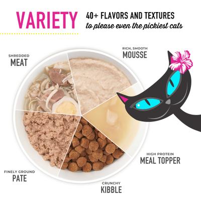 Show full view: Tiki Cat Silver Chicken, Salmon & Chicken Liver Mousse & Shreds Grain-Free Wet Cat Food, 2.4-oz can, case of 12 slide 8 of 11