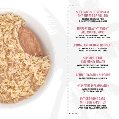 Show full view: Tiki Cat Silver Chicken, Salmon & Chicken Liver Mousse & Shreds Grain-Free Wet Cat Food, 2.4-oz can, case of 12 slide 6 of 11