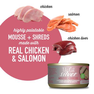 Show full view: Tiki Cat Silver Chicken, Salmon & Chicken Liver Mousse & Shreds Grain-Free Wet Cat Food, 2.4-oz can, case of 12 slide 5 of 11