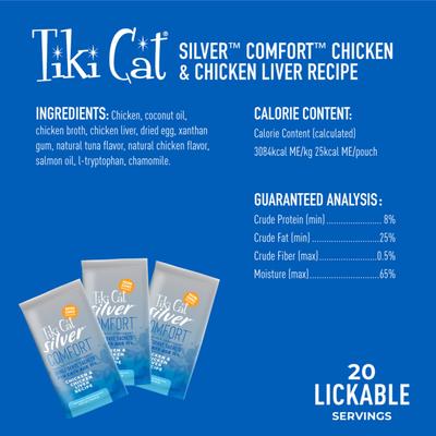 Show full view: Tiki Cat Silver Comfort Chicken & Chicken Liver Recipe Grain-Free Wet Cat Food, 0.28-oz pouch, case of 20 slide 4 of 11