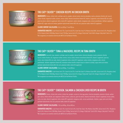 Show full view: Tiki Cat Silver Variety Pack Grain-Free Wet Cat Food, 2.4-oz can, case of 12 slide 4 of 11