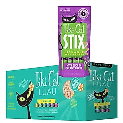 Tiki Cat Stix Duck in Creamy Gravy Grain-Free Wet Cat Treat, 3-oz pouch, pack of 6 + Tiki Cat Queen Emma Luau Variety Pack Grain-Free Canned Cat Food, 2.8-oz, case of 12