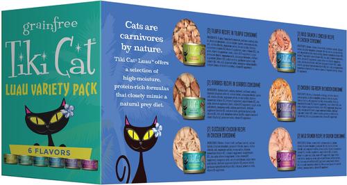 Show full view: Tiki Cat Stix Duck in Creamy Gravy Grain-Free Wet Cat Treat, 3-oz pouch, pack of 6 + Tiki Cat Queen Emma Luau Variety Pack Grain-Free Canned Cat Food, 2.8-oz, case of 12 slide 3 of 9