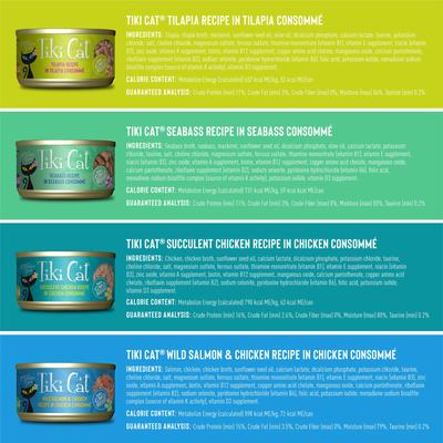 Show full view: Tiki Cat Stix Duck in Creamy Gravy Grain-Free Wet Cat Treat, 3-oz pouch, pack of 6 + Tiki Cat Queen Emma Luau Variety Pack Grain-Free Canned Cat Food, 2.8-oz, case of 12 slide 4 of 9