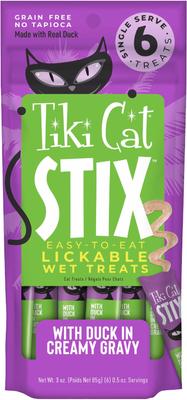 Show full view: Tiki Cat Stix Duck in Creamy Gravy Grain-Free Wet Cat Treat, 3-oz pouch, pack of 6 + Tiki Cat Queen Emma Luau Variety Pack Grain-Free Canned Cat Food, 2.8-oz, case of 12 slide 6 of 9