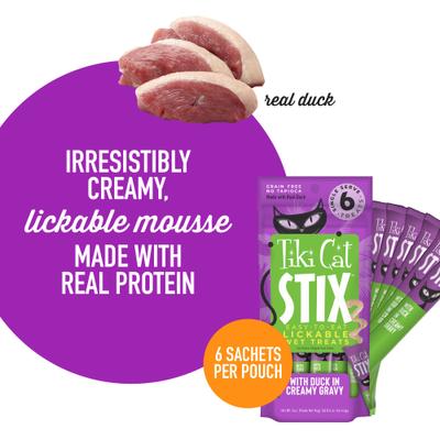 Show full view: Tiki Cat Stix Duck in Creamy Gravy Grain-Free Wet Cat Treat, 3-oz pouch, pack of 6 + Tiki Cat Queen Emma Luau Variety Pack Grain-Free Canned Cat Food, 2.8-oz, case of 12 slide 9 of 9