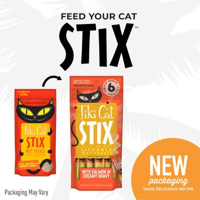 Show full view: Tiki Cat Stix Salmon in Gravy Grain-Free Wet Cat Treat, 0.5-oz pouch, pack of 6 + Tiki Cat Aloha Friends Variety Pack Grain-Free Wet Cat Food, 3-oz can, case of 12 slide 7 of 9