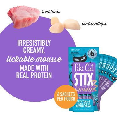 Show full view: Tiki Cat Stix Tuna & Scallops in Creamy Gravy Grain-Free Wet Cat Treat, 3-oz pouch, pack of 6 slide 4 of 10