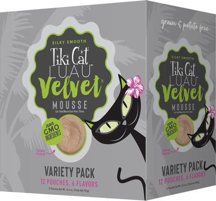 Show full view: Tiki Cat Velvet Mousse Variety Pack Grain-Free Wet Cat Food, 2.8-oz pouch, case of 12 + American Journey Landmark Broths Tuna, Shrimp & Whitefish Recipe Wet Cat Food Complement Pouches, 1.4-oz case of 16 slide 2 of 9