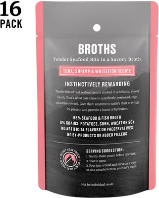 Show full view: Tiki Cat Velvet Mousse Variety Pack Grain-Free Wet Cat Food, 2.8-oz pouch, case of 12 + American Journey Landmark Broths Tuna, Shrimp & Whitefish Recipe Wet Cat Food Complement Pouches, 1.4-oz case of 16 slide 7 of 9