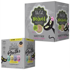 Tiki Cat Velvet Mousse Variety Pack Grain-Free Wet Cat Food, 2.8-oz pouch, case of 12 + Tiki Cat Broths Variety Pack Grain-free Wet Cat Food Topper, 1.3-oz pouch, case of 12