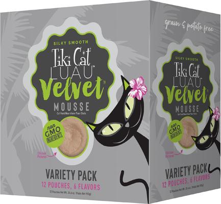 Show full view: Tiki Cat Velvet Mousse Variety Pack Grain-Free Wet Cat Food, 2.8-oz pouch, case of 12 + Tiki Cat Stix Chicken & Shrimp in Creamy Gravy Grain-Free Wet Cat Treat, 0.5-oz pouch, pack of 6 slide 2 of 9