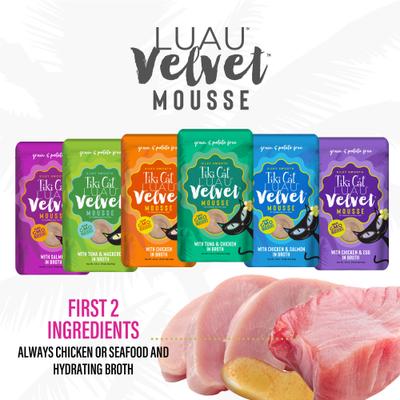 Show full view: Tiki Cat Velvet Mousse Variety Pack Grain-Free Wet Cat Food, 2.8-oz pouch, case of 12 + Tiki Cat Stix Chicken & Shrimp in Creamy Gravy Grain-Free Wet Cat Treat, 0.5-oz pouch, pack of 6 slide 5 of 9