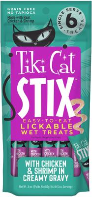 Show full view: Tiki Cat Velvet Mousse Variety Pack Grain-Free Wet Cat Food, 2.8-oz pouch, case of 12 + Tiki Cat Stix Chicken & Shrimp in Creamy Gravy Grain-Free Wet Cat Treat, 0.5-oz pouch, pack of 6 slide 6 of 9