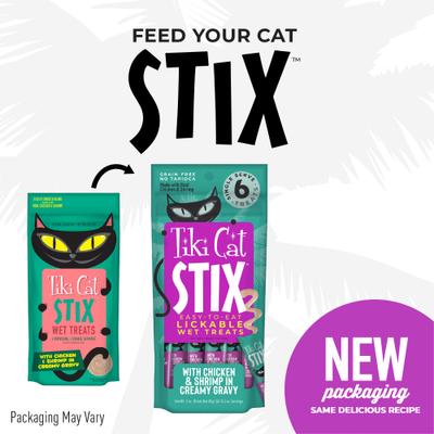 Show full view: Tiki Cat Velvet Mousse Variety Pack Grain-Free Wet Cat Food, 2.8-oz pouch, case of 12 + Tiki Cat Stix Chicken & Shrimp in Creamy Gravy Grain-Free Wet Cat Treat, 0.5-oz pouch, pack of 6 slide 7 of 9