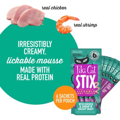 Show full view: Tiki Cat Velvet Mousse Variety Pack Grain-Free Wet Cat Food, 2.8-oz pouch, case of 12 + Tiki Cat Stix Chicken & Shrimp in Creamy Gravy Grain-Free Wet Cat Treat, 0.5-oz pouch, pack of 6 slide 9 of 9