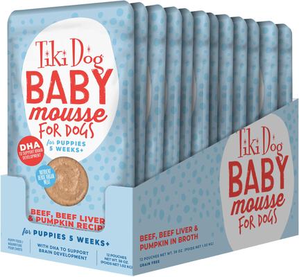 Show full view: Tiki Dog Baby Mousse for Puppies Grain-Free, Beef, Beef Liver & Pumpkin Recipe Wet Dog Food, 3-oz pouch, case of 12 slide 3 of 9