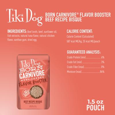 Show full view: Tiki Dog Born Carnivore Flavor Booster Beef Bisque Non-GMO Wet Dog Food Topper, 1.5-oz pouch, case of 12 slide 4 of 11
