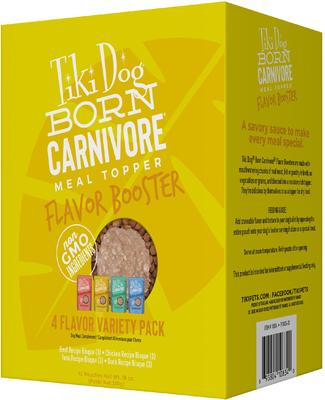 Show full view: Tiki Dog Born Carnivore Flavor Booster Bisque Variety Pack Non-GMO Wet Dog Food Topper, 1.5-oz pouch, case of 12 slide 1 of 11
