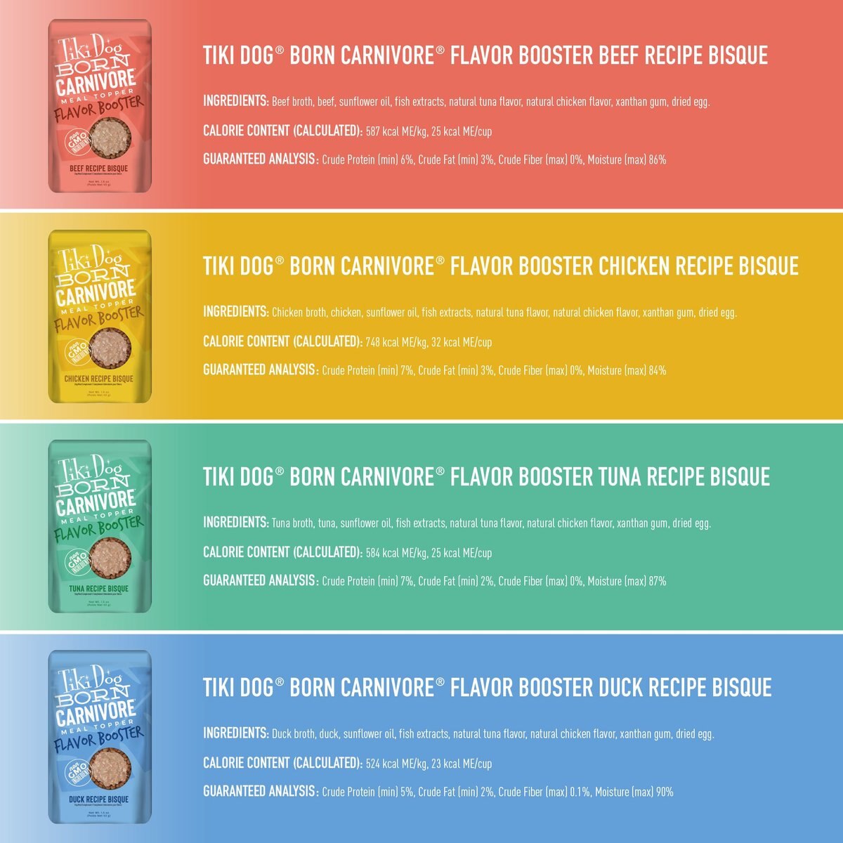 Tiki Dog Born Carnivore Flavor Booster Bisque Variety Pack Non-GMO Wet Dog Food Topper, 1.5-oz pouch, case of 12