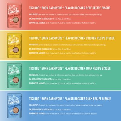 Show full view: Tiki Dog Born Carnivore Flavor Booster Bisque Variety Pack Non-GMO Wet Dog Food Topper, 1.5-oz pouch, case of 12 slide 4 of 11