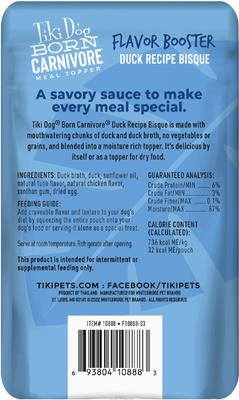 Show full view: Tiki Dog Born Carnivore Flavor Booster Duck Bisque Non-GMO Wet Dog Food Topper, 1.5-oz pouch, case of 12 slide 4 of 11