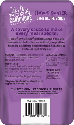 Show full view: Tiki Dog Born Carnivore Flavor Booster Lamb Bisque Non-GMO Wet Dog Food Topper, 1.5-oz pouch, case of 12 slide 4 of 11