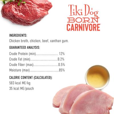 Show full view: Tiki Dog Born Carnivore Protein Booster Chicken & Beef Recipe in Broth Grain-Free Dog Food Topper, 2.1-oz pouch, case of 12 slide 5 of 9