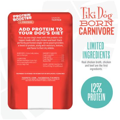 Show full view: Tiki Dog Born Carnivore Protein Booster Chicken & Beef Recipe in Broth Grain-Free Dog Food Topper, 2.1-oz pouch, case of 12 slide 4 of 9