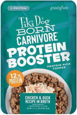 Show full view: Tiki Dog Born Carnivore Protein Booster Chicken & Duck Recipe in Broth Grain-Free Dog Food Topper, 2.1-oz pouch, case of 12 slide 1 of 10