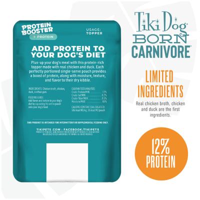 Show full view: Tiki Dog Born Carnivore Protein Booster Chicken & Duck Recipe in Broth Grain-Free Dog Food Topper, 2.1-oz pouch, case of 12 slide 4 of 10