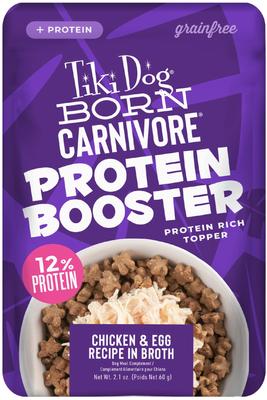 Show full view: Tiki Dog Born Carnivore Protein Booster Chicken & Egg Recipe in Broth Grain-Free Dog Food Topper, 2.1-oz pouch, case of 12 slide 1 of 9