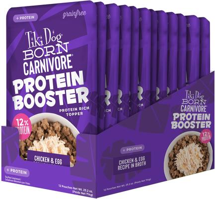 Show full view: Tiki Dog Born Carnivore Protein Booster Chicken & Egg Recipe in Broth Grain-Free Dog Food Topper, 2.1-oz pouch, case of 12 slide 3 of 9